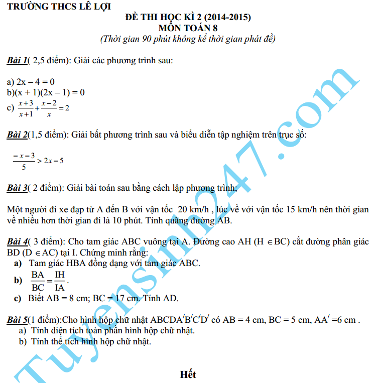 Đề thi học kì 2 lớp 8 môn Toán 2015 – THCS Lê Lợi