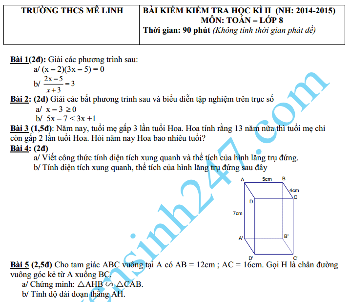 Đề thi học kì 2 lớp 8 năm 2015 môn Toán – THCS Mê Linh 