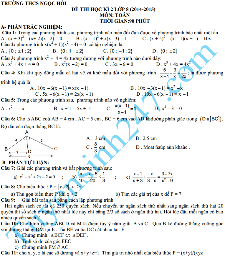 Đề thi học kì 2 lớp 8 môn Toán 2015 – THCS Ngọc Hồi 