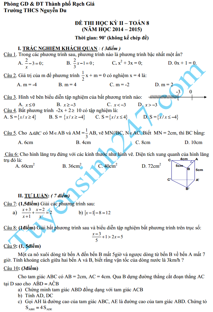 Đề thi học kì 2 lớp 8 môn Toán – THCS Nguyễn Du 2015