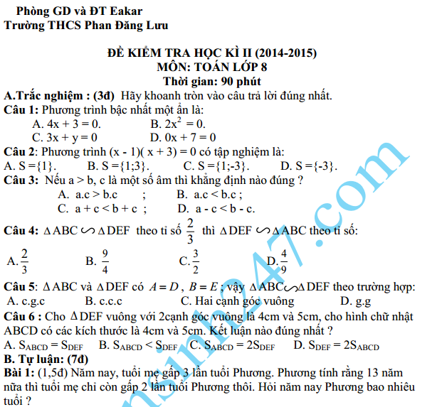 Đề thi học kì 2 lớp 8 năm 2015 môn Toán – THCS Phan Đăng Lưu