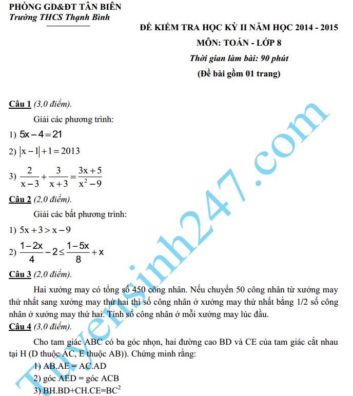 Đề thi học kì 2 lớp 8 môn Toán – THCS Thạnh Bình 2015