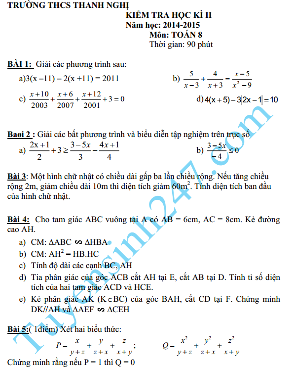 Đề thi học kì 2 lớp 8 môn Toán - THCS Thanh Nghị 2015