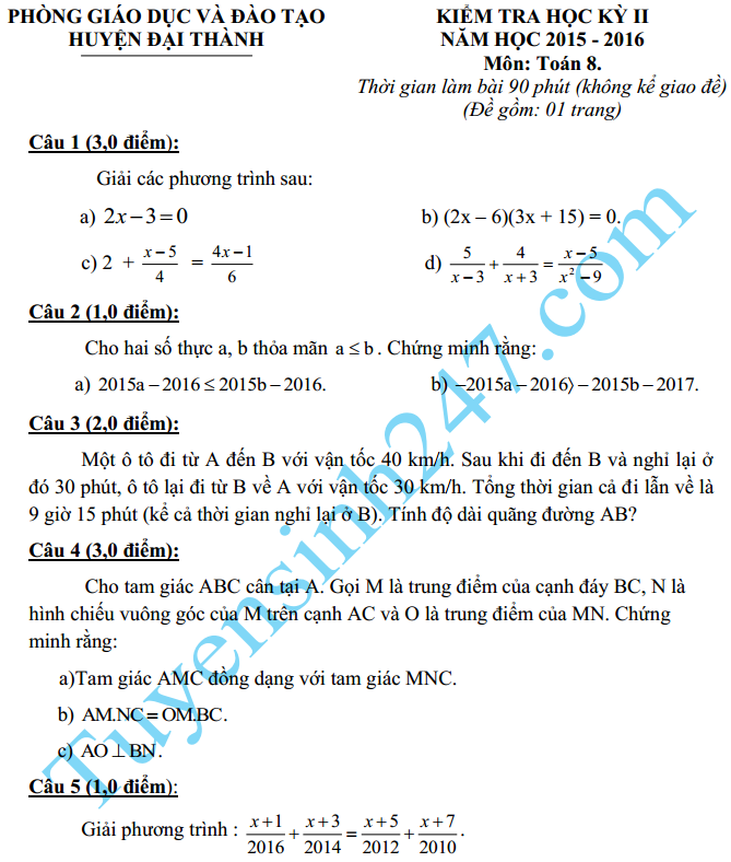 Đề thi học kì 2 lớp 8 môn Toán – Đại Thành 2016