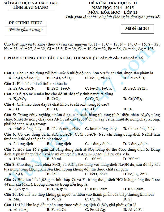 Đề thi học kì 2 lớp 12 năm 2015 môn Hóa  – Sở GD Hậu Giang