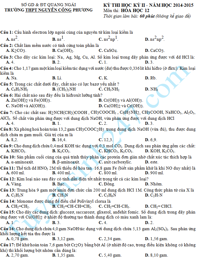 Đề thi học kì 2 lớp 12 năm 2015 môn Hóa – THPT Nguyễn Công Phương