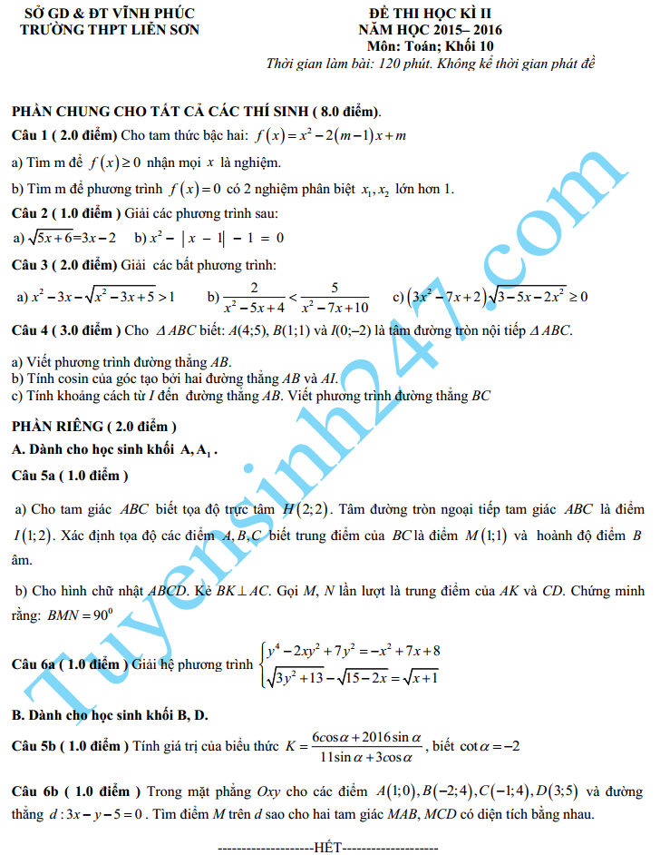 Đề thi học kì 2 lớp 10 môn Toán THPT Liễn Sơn năm 2016