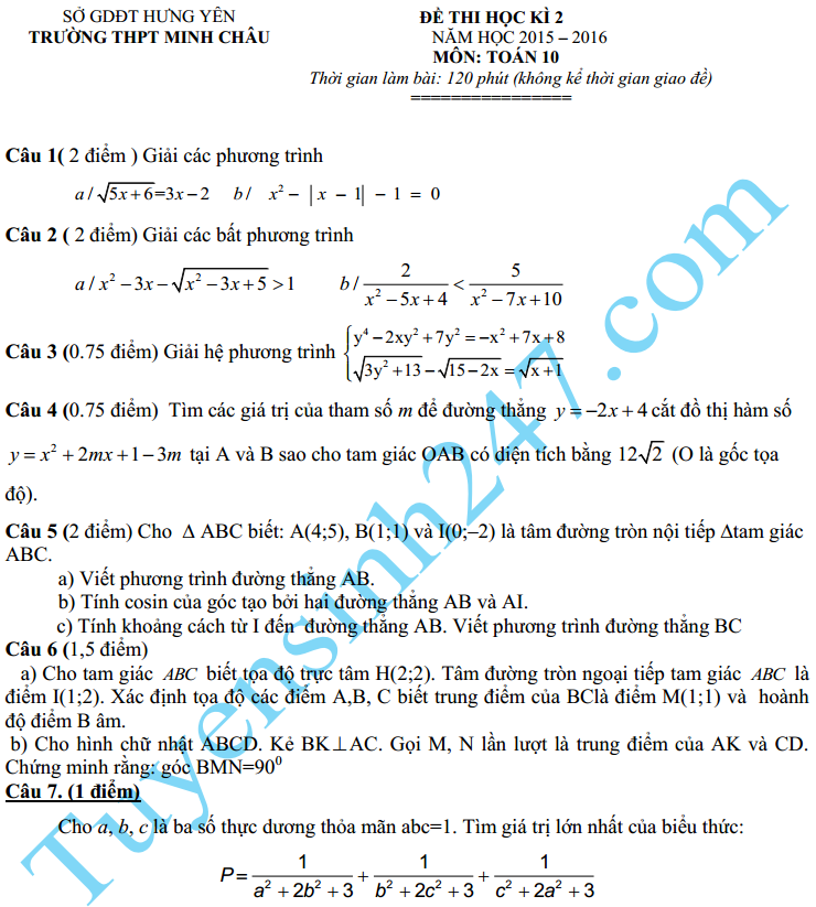 Đề thi học kì 2 lớp 10 năm 2016 môn Toán – THPT Minh Châu