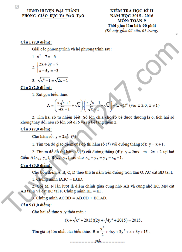 Đề thi học kì 2 lớp 9 môn Toán – Đại Thành 2016