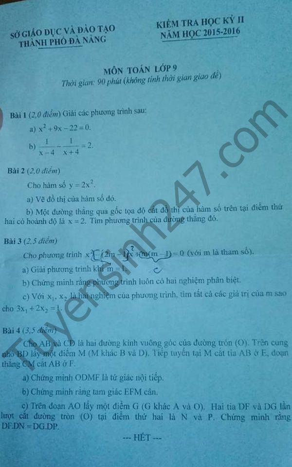 Đề thi học kì 2 lớp 9 Toán 2016 Sở GD Đà Nẵng 