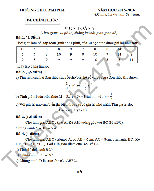 Đề thi học kì 2 lớp 7 môn Toán 2016 – THCS Mai Pha