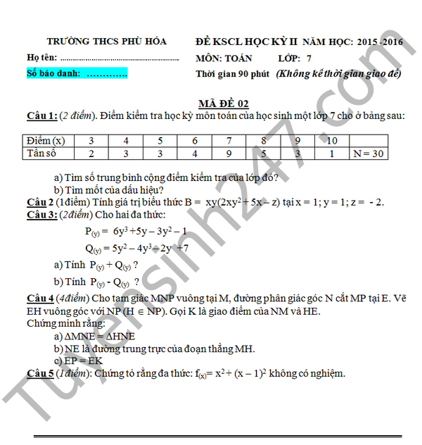 Đề thi học kì 2 lớp 7 môn Toán 2016 – THCS Phù Hóa