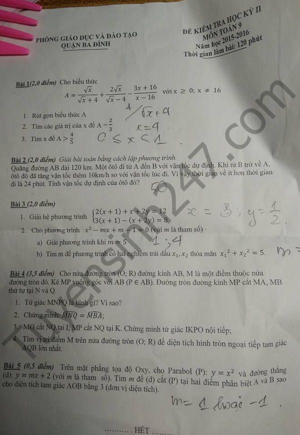 Đề thi học kì 2 lớp 9 môn Toán 2016 – Ba Đình 