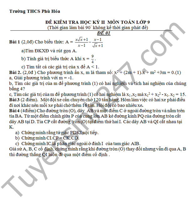 Đề thi học kì 2 năm 2016 lớp 9 môn Toán – THCS Phù Hóa