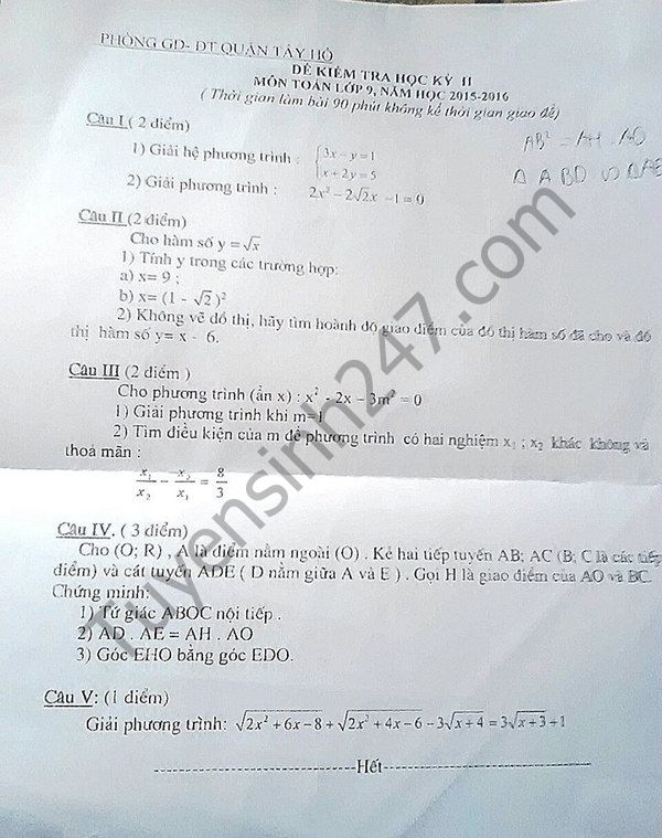 Đề thi học kì 2 môn Toán 9 – Tây Hồ 2016
