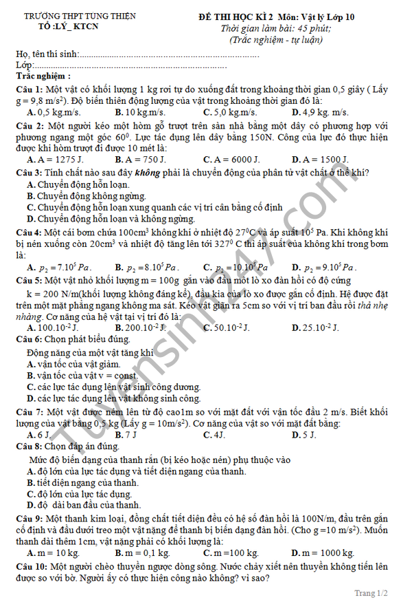 Đề thi học kì 2 lớp 10 môn Lý 2016 - THPT Tùng Thiện