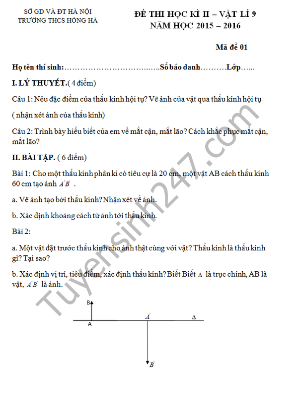 Đề thi học kì 2 lớp 9 năm 2016 môn Lý THCS Hồng Hà