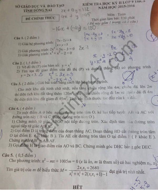 Đề thi học kì 2 lớp 9 môn Toán năm 2016 Sở GD Đồng Nai