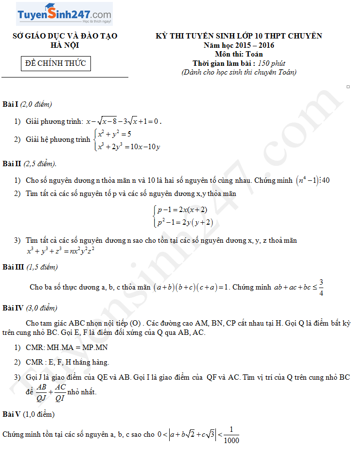 Đề thi vào lớp 10 môn Toán chuyên Hà Nội 2015 - 2016