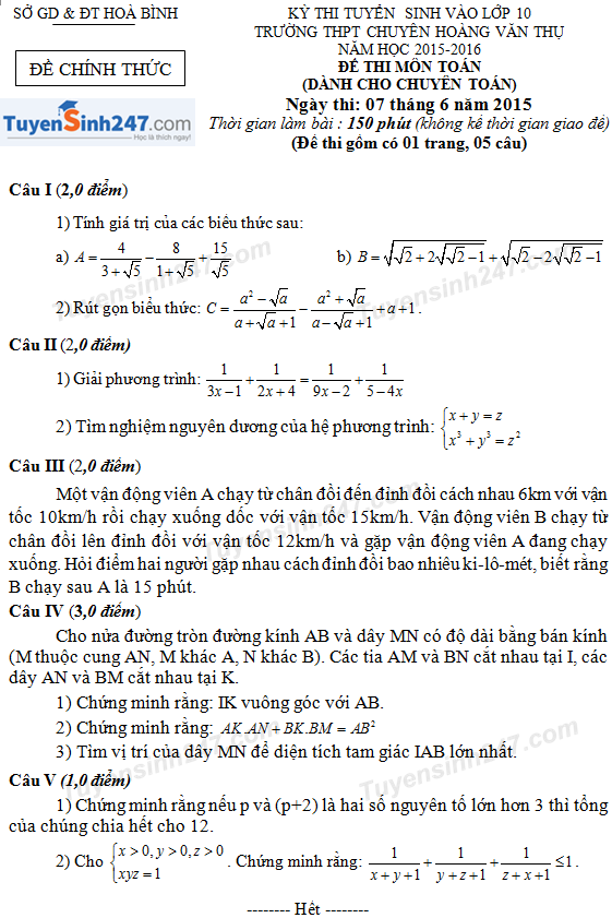 Đề thi vào lớp 10 môn Toán THPT chuyên Hoàng Văn Thụ 2015 - 2016
