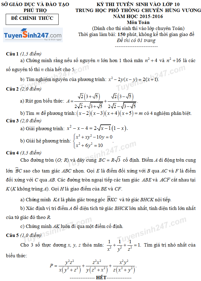 Đề thi vào lớp 10 môn Toán - THPT chuyên Hùng Vương 2015 - 2016