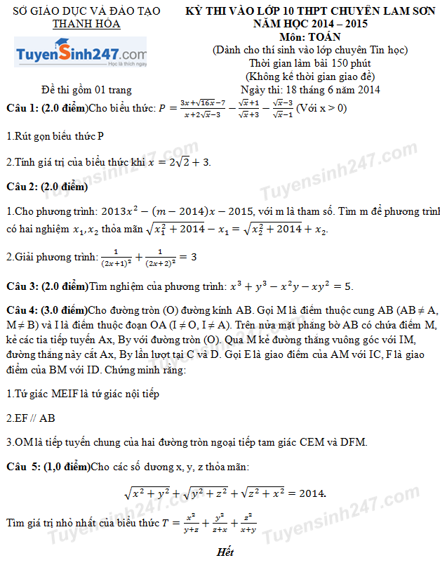 Đề thi vào lớp 10 môn Toán THPT chuyên Lam Sơn 2014 - 2015