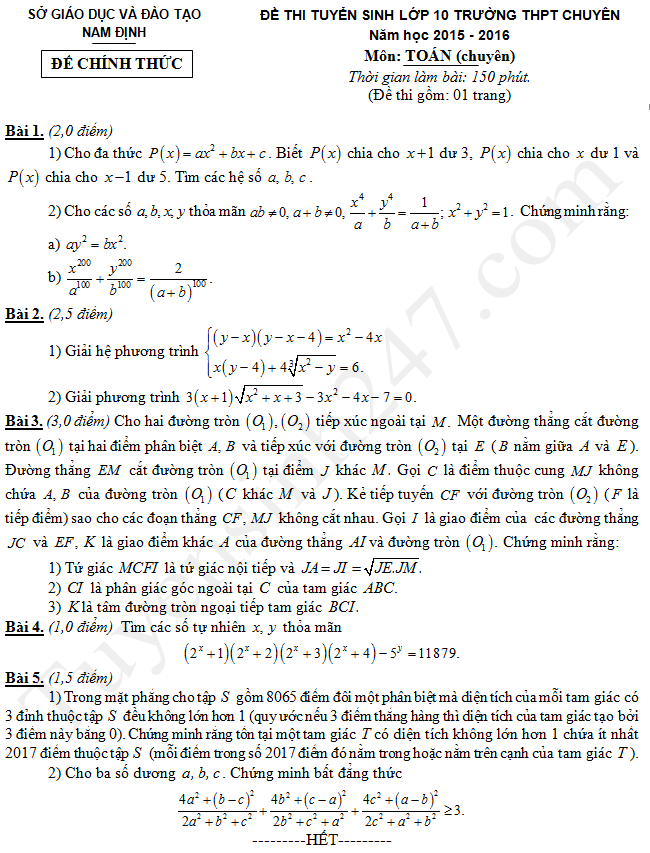 Đề thi vào lớp 10 môn Toán - Chuyên Nam Định 2015 - 2016