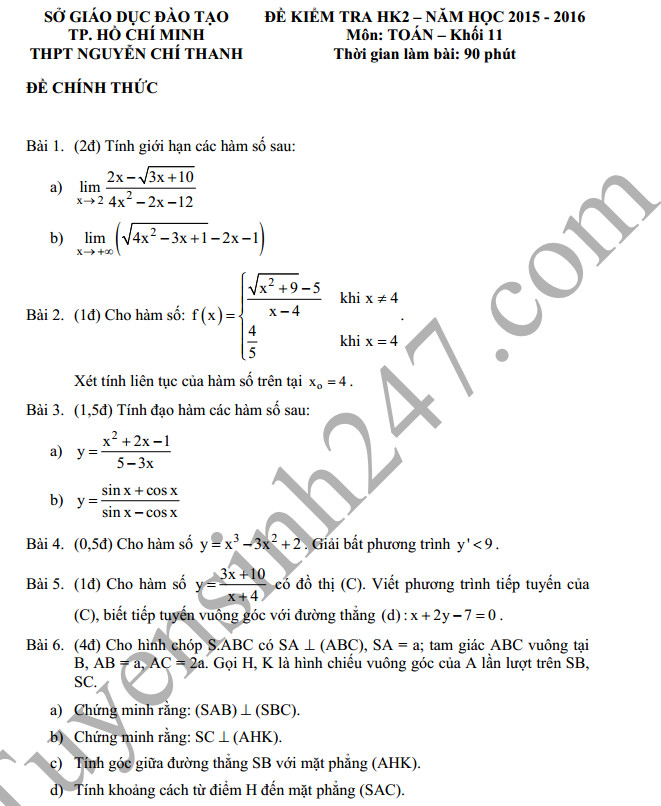 Đề thi học kì 2 lớp 11 môn Toán - THPT Nguyễn Chí Thanh 2016