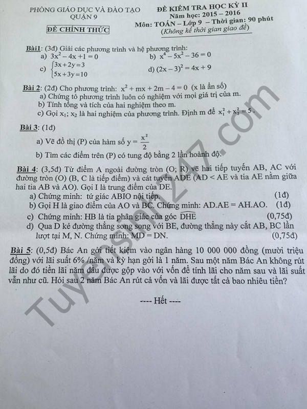 Đề thi học kì 2 lớp 9 môn Toán Quận 9 năm 2016