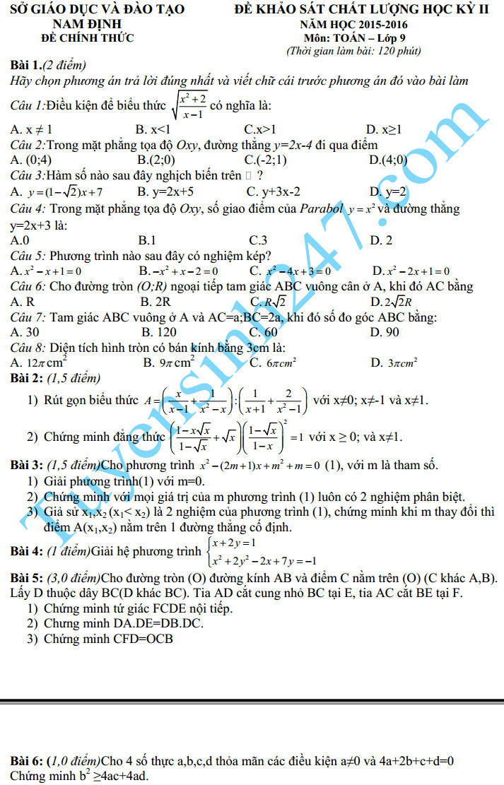 Đề thi học kì 2 môn Toán 9 năm 2016 – Sở GD Nam Định