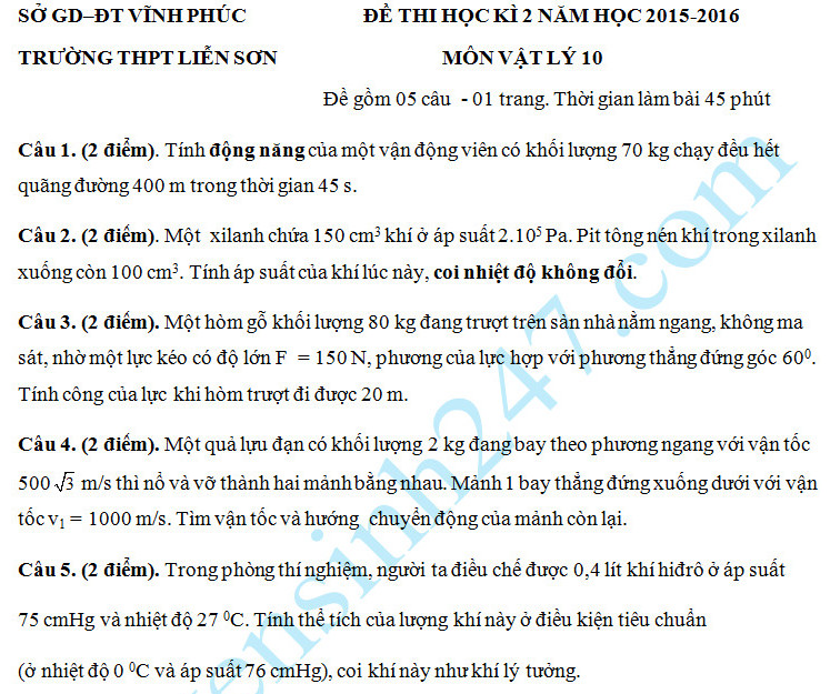 Đề thi học kì 2 lớp 10 Lý 2016  – THPT Liễn Sơn 