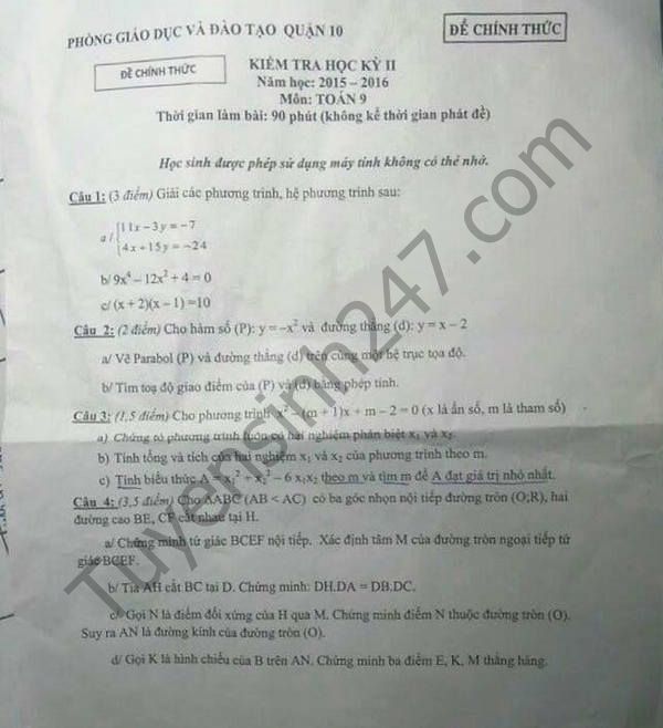 Đề thi học kì 2 lớp 9 môn Toán 2016 - Quận 10 