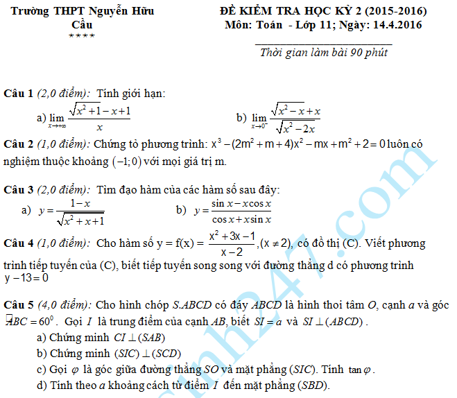 Đề thi học kì 2 lớp 11 Toán THPT Nguyễn Hữu Cầu 2016