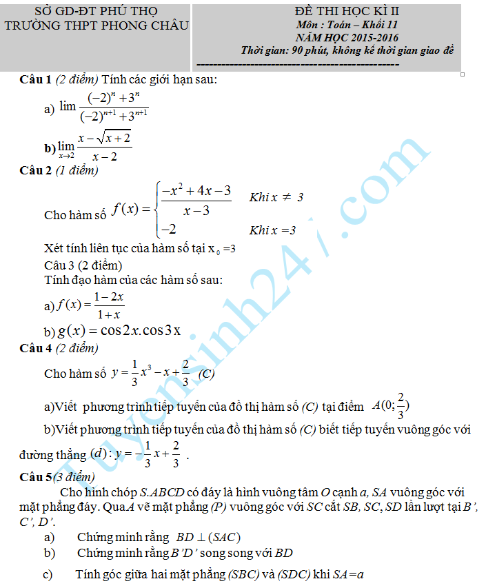 Đề thi học kì 2 lớp 11 môn Toán 2016 – THPT Phong Châu