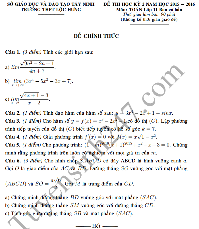 Đề thi học kì 2 lớp 11 môn Toán THPT Lộc Hưng 2016