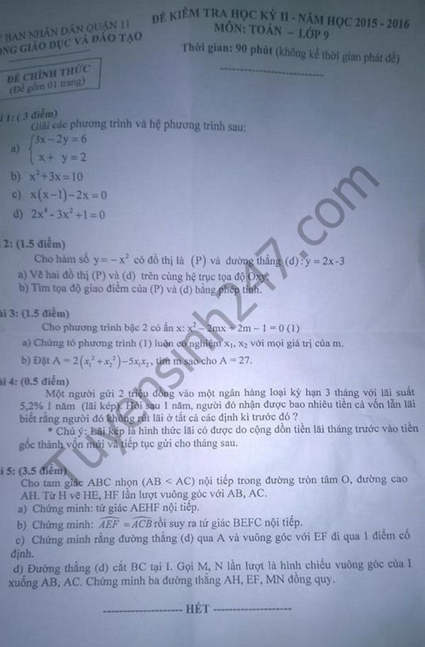 Đề thi học kì 2 lớp 9 môn Toán 2016 - Quận 11