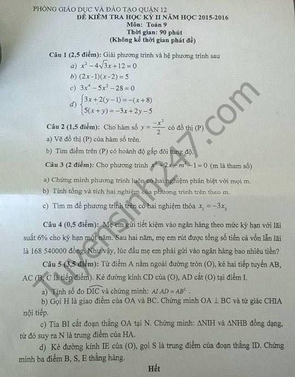 Đề thi học kì 2 lớp 9 môn Toán 2016 - Quận 12 