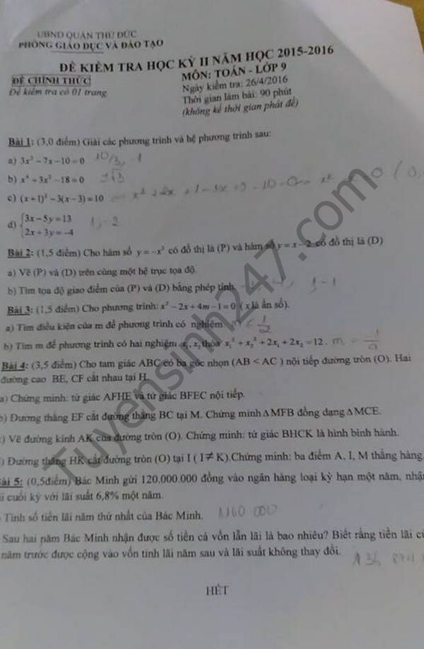 Đề thi học kì 2 lớp 9 môn Toán 2016 - Thủ Đức