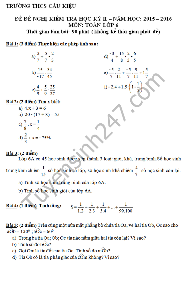 Đề thi học kì 2 lớp 6 môn Toán 2016 THCS Cầu Kiệu 