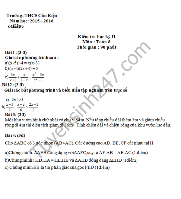 Đề thi học kì 2 lớp 8 môn Toán 2016 THCS Cầu Kiệu