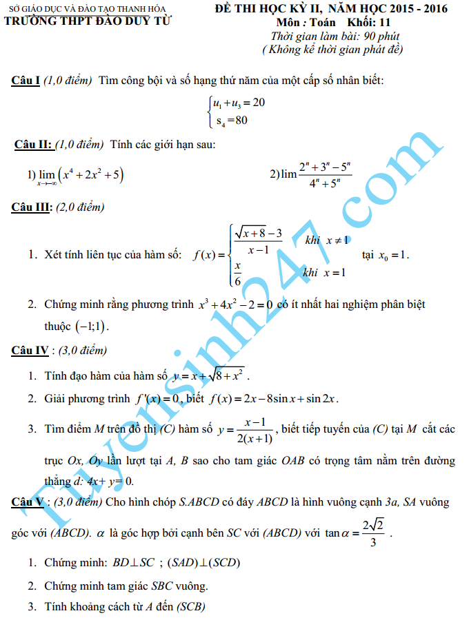 Đề thi học kì 2 lớp 11 môn Toán – THPT Đào Duy Từ 2016