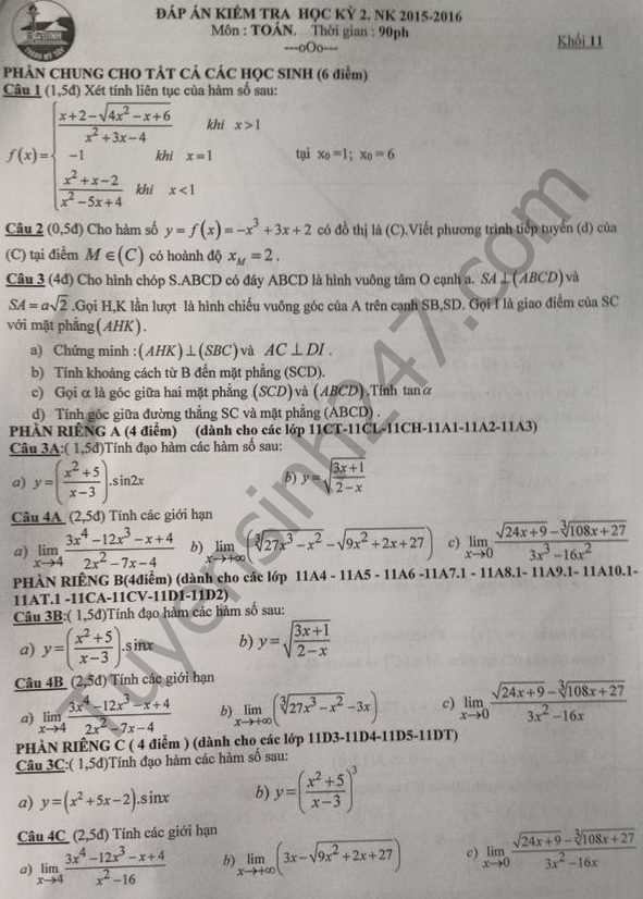 Đề thi học kì 2 môn Toán 11 – THPT Gia Định 2016