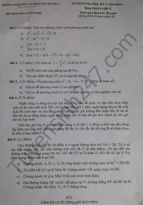 Đề thi học kì 2 lớp 9 môn Toán – Quận 3 năm 2016