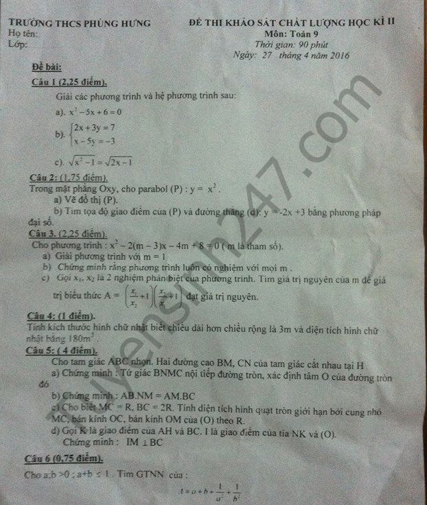 Đề thi học kì 2 lớp 9 môn Toán 2016 THCS Phùng Hưng