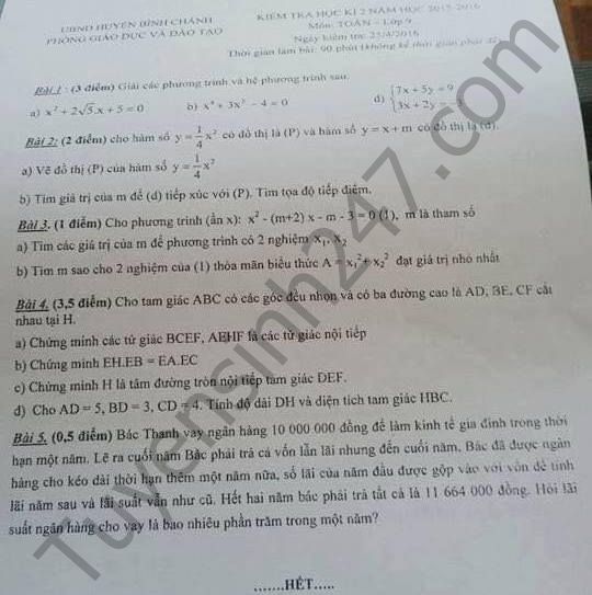 Đề thi học kì 2 lớp 9 môn Toán – Bình Chánh 2016