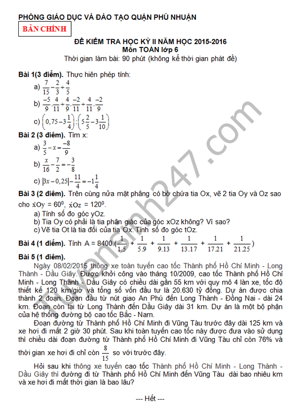 Đề thi học kì 2 lớp 6 môn Toán 2016 - Phú Nhuận 