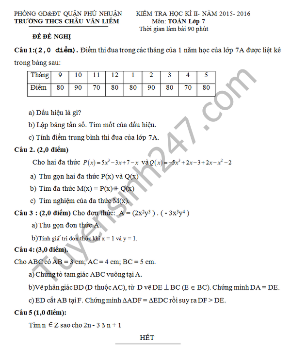 Đề thi học kì 2 môn Toán 7 THCS Châu Văn Liêm 2016