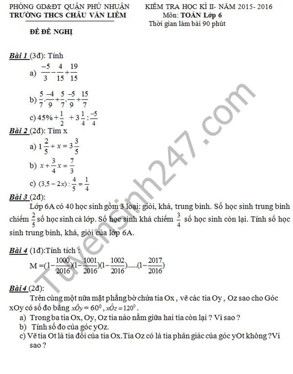 Đề thi học kì 2 môn Toán 6 THCS Châu Văn Liêm 2016