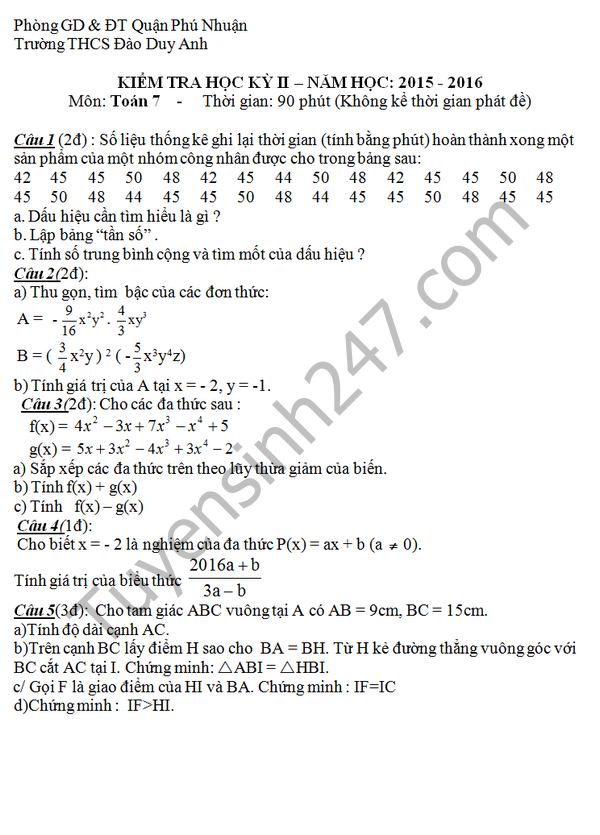 Đề thi học kì 2 lớp 7 môn Toán 2016 THCS Đào Duy Anh