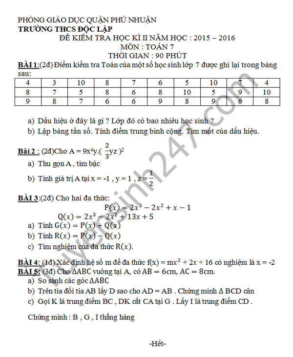 Đề thi học kì 2 lớp 7 môn Toán 2016 THCS Độc Lập 